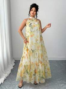 Elenzga 大码女士优雅编织无袖花卉网纱连衣裙 - 黃色 - 查看 4