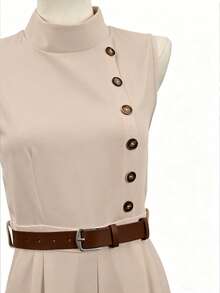 EMERY ROSE Women's Elegant Solid Color Stand Collar Sleeveless Jumpsuit - Khaki - View 7