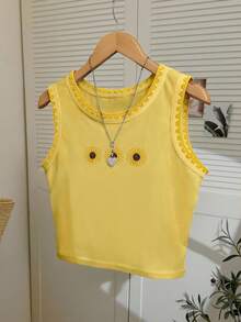 雏菊图案刺绣女士圆领吊带衫 - 芥末黃 - 查看 3