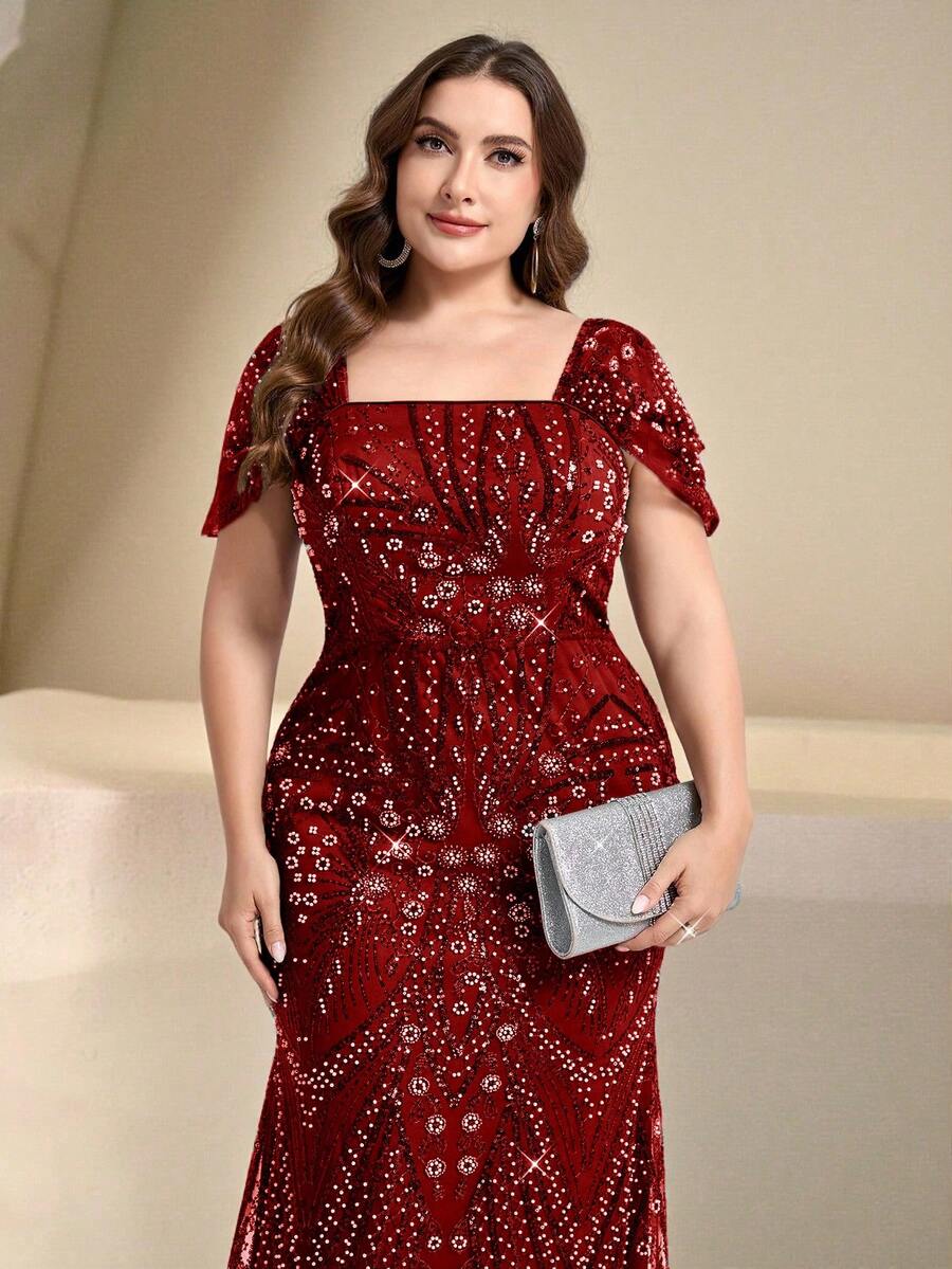 Coutiva 大码优雅奢华串珠水钻撞色泡泡珠美人鱼礼服,优雅晚礼服,适合鸡尾酒会、舞会、婚礼宾客礼服、毕业典礼、晚宴等场合 - 酒紅色 - 查看 1