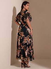 SHEIN BAE Vestido morado con volantes y estampado floral para mujer de talla grande - Multicolor - Ver 2