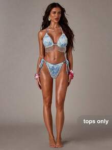 SHEIN BAE Women's 3D Floral Decor Halter Bikini Top, Crystal Beaded Mesh - Baby Blue - View 3