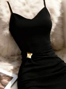 Franclia Plus Size Women Waist Metal Decor Ruched Elegant Camisole Dress - Black - View 3