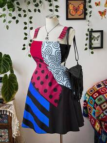 Sunspun Plus Size Women Summer Fashion Vacation Style Patchwork Printed Criss-Cross Backless Strap Dress - Multicolor - View 3