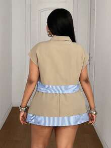 Maweii Spring & Summer Striped Patchwork Loose Top + A-Line Metal Buckle Short Skirt Set, Casual Resort Street Style Unique Design Plus Size Women Outfit - Khaki - View 2