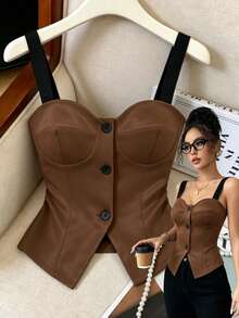 Elenzga Nuevo diseño de alta gama para el verano, elegante y con estilo, cárdigan casual y sexy con botones, chaleco ajustado a la cintura para mujeres - Marrón - Ver 1