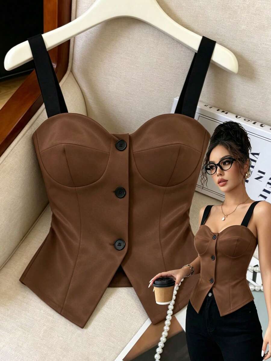 Elenzga Nuevo diseño de alta gama para el verano, elegante y con estilo, cárdigan casual y sexy con botones, chaleco ajustado a la cintura para mujeres - Marrón - Ver 1