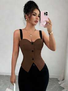 Elenzga Nuevo diseño de alta gama para el verano, elegante y con estilo, cárdigan casual y sexy con botones, chaleco ajustado a la cintura para mujeres - Marrón - Ver 6