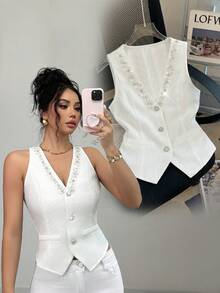 Modelyn 女款法式珠飾V領西裝背心，白色，夏季，優雅，派對之夜時尚百搭商務休閒正式 - 白色 - 查看 2