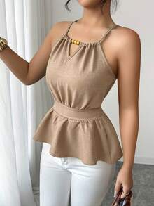 Elenzga Camiseta de tirantes ajustada y elegante de color verde para uso diario con decoración de cuentas de madera y diseño con cordón, para primavera/verano - Albaricoque - Ver 5