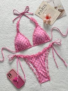Swim Mod 2-Piece Floral Print Mesh Trim Halter Bikini Set, Sexy Swimwear Summer Picks Pink Bikini Ruffle Trim Bikini Tie Side Bikini Polka Dot Bikini - Pink - View 5