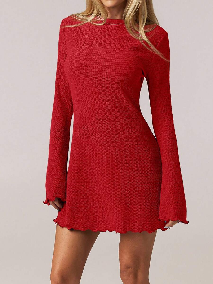 SHEIN Forever 21 1pc Women's Casual Solid Color Elegant Flare Sleeve Dress, Spring/Summer - Red - View 1