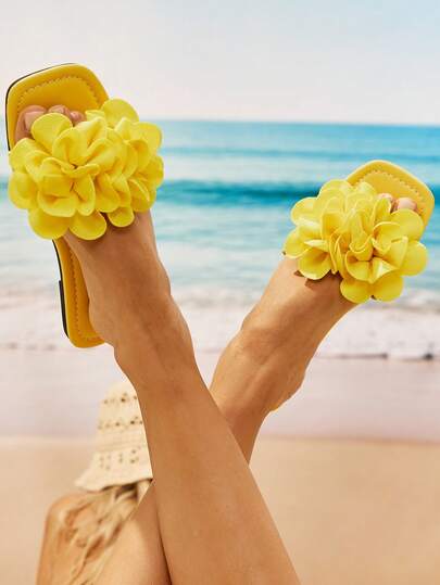 Swim Mod 法式优雅柔美花卉图案女士凉拖，露趾系带设计，适合约会、日常穿着、居家、休闲、海滩、春夏穿搭。