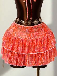 Women's Sexy Knotted Front Printed Bikini Set + Matching Mesh Skirt, Spring/Summer - Multicolor - View 3