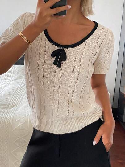 DAZY Color Block Bow Tie Short Sleeve Fitted Round Neck Casual Vacation Summer Lightweight Knit Sweater Top For Women