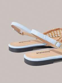 Styleloop Giày nữ, dép xăng đan đế bằng, kiểu dáng trễ gót, phong cách Bohemian, cổ điển Mỹ, miền Tây, thích hợp cho lễ hội âm nhạc, tiệc tùng, du lịch dịp Giáng sinh, phong cách Bohemian không thể thiếu. - Màu xanh da trời - Xem 4