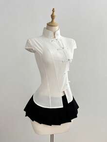 Flirla White,Summer,Elegant,Tea Party,100% Cotton Mandarin Collar Short Sleeve Fitted Side Slit Shirt,New Chinese Style Retro Chic Campus Casual Versatile - White - View 3