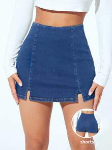 SHEIN PETITE Skort mezclilla bajo con abertura - Azul lavado oscuro - Ver 5