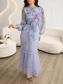 Modelyn Đầm dài tay thanh lịch, in họa tiết, cổ bẻ, thắt eo dành cho nữ - Màu tím - Xem 7