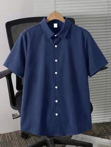 SHEIN Kemeja Lengan Pendek Polos Kasual Nyaman untuk Remaja Laki-laki, Cocok untuk Musim Semi, Musim Panas, dan Aktivitas Luar Ruangan - Navy Blue - View 7