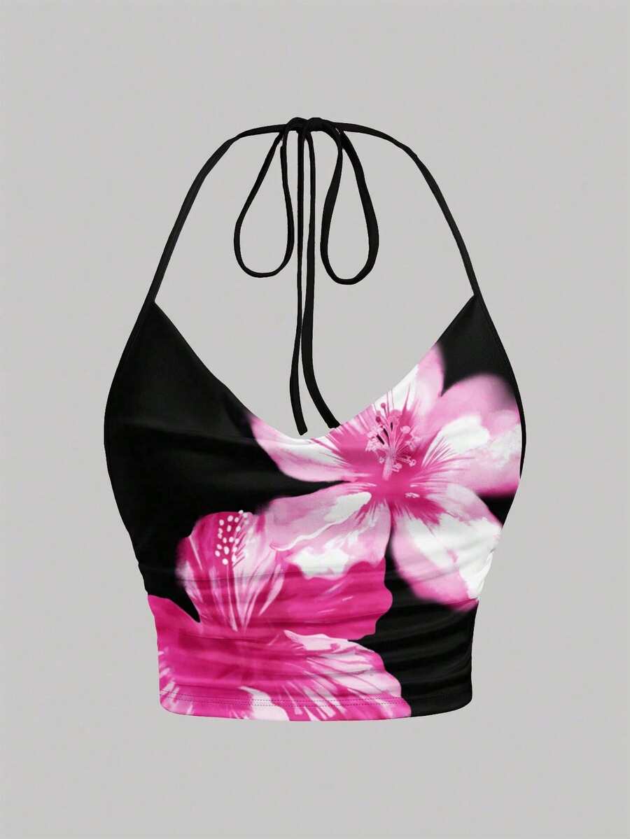 SHEIN EZwear Áo cánh bó sát cổ bẻ họa tiết hoa hồng tối giản giản dị, đa năng cho mùa hè - Nhiều màu - Xem 1