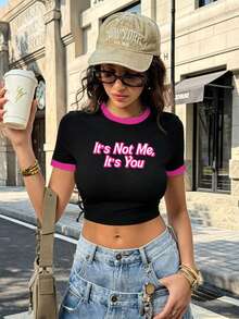 Pretty Bratty Áo thun ôm dáng in chữ Y2K dễ thương, áo crop top co giãn mỏng nhẹ mùa hè dành cho nữ, phù hợp mặc hàng ngày, nhiều dịp, đi học. - màu đen - Xem 1