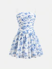 SHEIN Tween Girl Knit Floral Mesh Ruched Snug Fit Casual Tube Dress - Blue - View 2