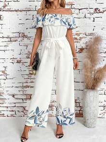 SHEIN Clasi 女士度假休闲印花露肩连体裤 - 杏色 - 查看 1