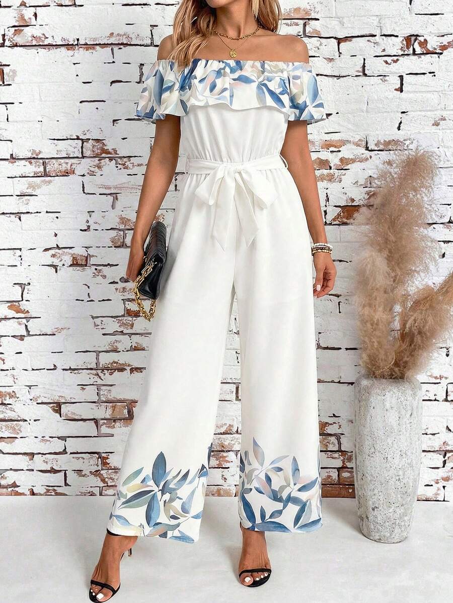 SHEIN Clasi 女士度假休闲印花露肩连体裤 - 杏色 - 查看 1