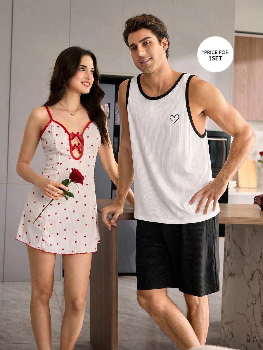 CoupledUp Bộ đồ nam tối giản gồm áo tank top và quần short thêu hình trái tim, chất liệu gân sọc. - trắng - Xem 1