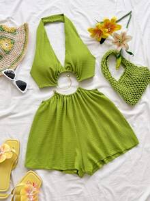 Soleia Lady's Green One-Piece Pants - Summer Casual Beach Resort Wear, Suitable For Evening Outings, Parties And Festive Occasions.No Chest Padding - Green - View 1