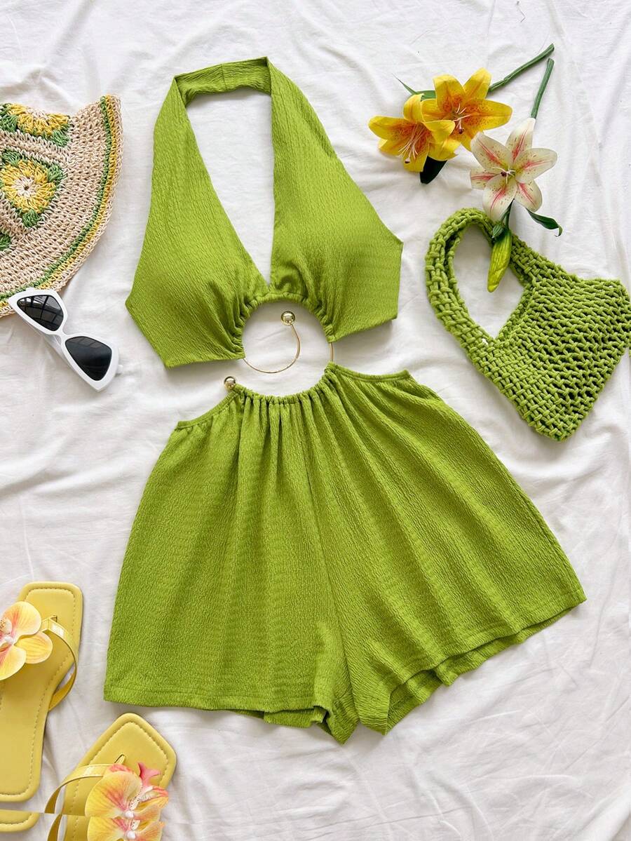 Soleia Lady's Green One-Piece Pants - Summer Casual Beach Resort Wear, Suitable For Evening Outings, Parties And Festive Occasions.No Chest Padding - Green - View 1