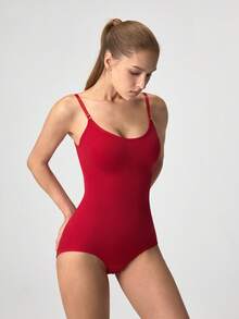 Loungeista 1件女款無縫無袖V領連身衣，收腹提臀，高彈性，適合夏季 - 紅色 - 查看 5