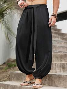 Manfinity Homme Plus Size Men's Casual Solid Color Slant Pocket Drawstring Pants - Black - View 5