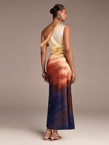 COSMINA 女士优雅不对称肩部缎面扎染印花连衣裙，适合约会、浪漫场合、假日、婚礼、花园派对等各种场合，四季皆宜。 - 彩色 - 查看 2