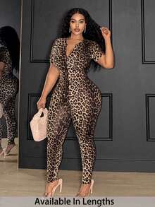 SHEIN PETITE CURVE 大码女式休闲豹纹修身拉链短袖连体裤 - 彩色 - 查看 1