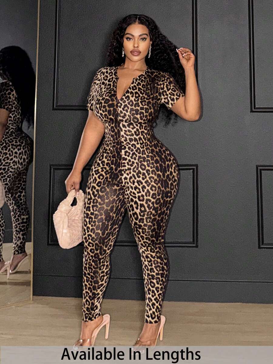 SHEIN PETITE CURVE 大码女式休闲豹纹修身拉链短袖连体裤 - 彩色 - 查看 1