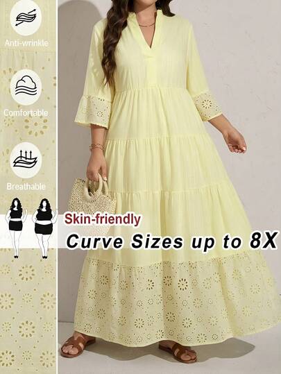 SHEIN CURVE+ Plus Size Casual Solid Color Hollow Out Embroidery Patchwork Maxi Dress