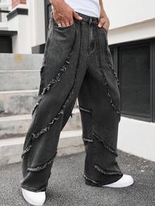 GALLERY FADE Calça Pantalona Larga Remendada e Desgastada, Cinza Terra Lavada, Moda de Rua Masculina - Chumbo - Visão 6