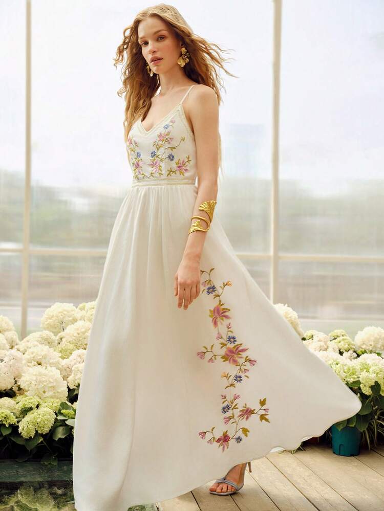 LINEN COLORFUL EMBROIDERED SLIP DRESS, ELEGANT & ROMANTIC MIDI DRESS FOR VACATION