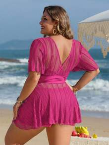 Swim Lushoire Plus Size Women 2pcs Solid Color Mesh Skirt Casual Beach Holiday Bikini Swimsuit Set - Hot Pink - View 2