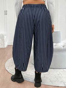 Elenzga Plus Size Vintage Loose Striped Elastic Waist Lantern Pants With Side Pockets - Navy Blue - View 2