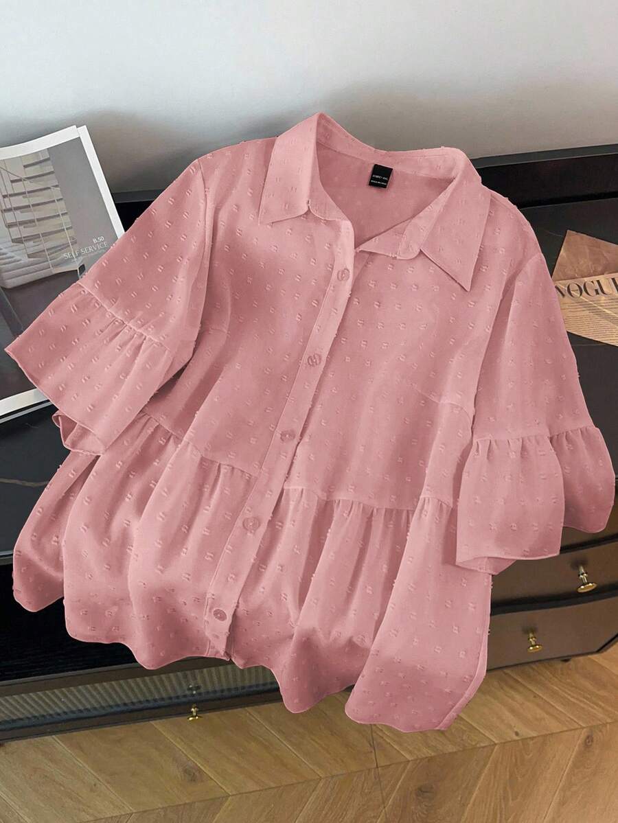 SHEIN CURVE+ Kemeja Kancing Titik Bulat Kasual Modis untuk Wanita Ukuran Plus - Berwarna merah muda - View 1