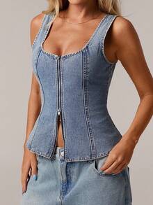 Forever 21 Áo ba lỗ denim nữ có khóa kéo, ôm sát theo phong cách tối giản, phù hợp cho mùa hè - Màu xanh lam - Xem 7
