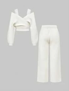 ROMWE Kawaii Conjunto de suéter de punto suave con encaje y hombros descubiertos, versátil, talla grande para otoño/invierno - Blanco - Ver 2