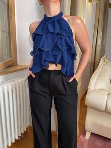 Jeta Ari Navy Multi-Layered Ruffle Crop Top,Cute Tops,Tube Tops Women,Elegant Shape,Backless Top,New Years Top,Party Tops Women,Off The Shoulder Top,Women's Casual Front Button Wide Strap Minimalist Blouse For Everyday Wear,Vintage Outfits, Women Clothes, Look Valentine's Day - Navy Blue - View 3