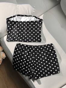 SHEIN 2件套少女沙滩度假风波点韩版时尚针织露脐上衣和短裤套装，适合外出、度假和旅行 - 黑色 - 查看 2