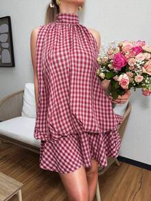 Jeta Ari 女士夏季时尚格子荷叶边吊带露背迷你连衣裙 - 酒紅色 - 查看 3