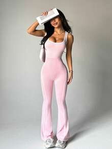 Dewbera 女士休闲日常撞色喇叭连体裤 - 粉色 - 查看 3