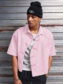 AXEPEAK 男士格子印花字母刺绣纽扣休闲短袖衬衫 - 粉色 - 查看 4